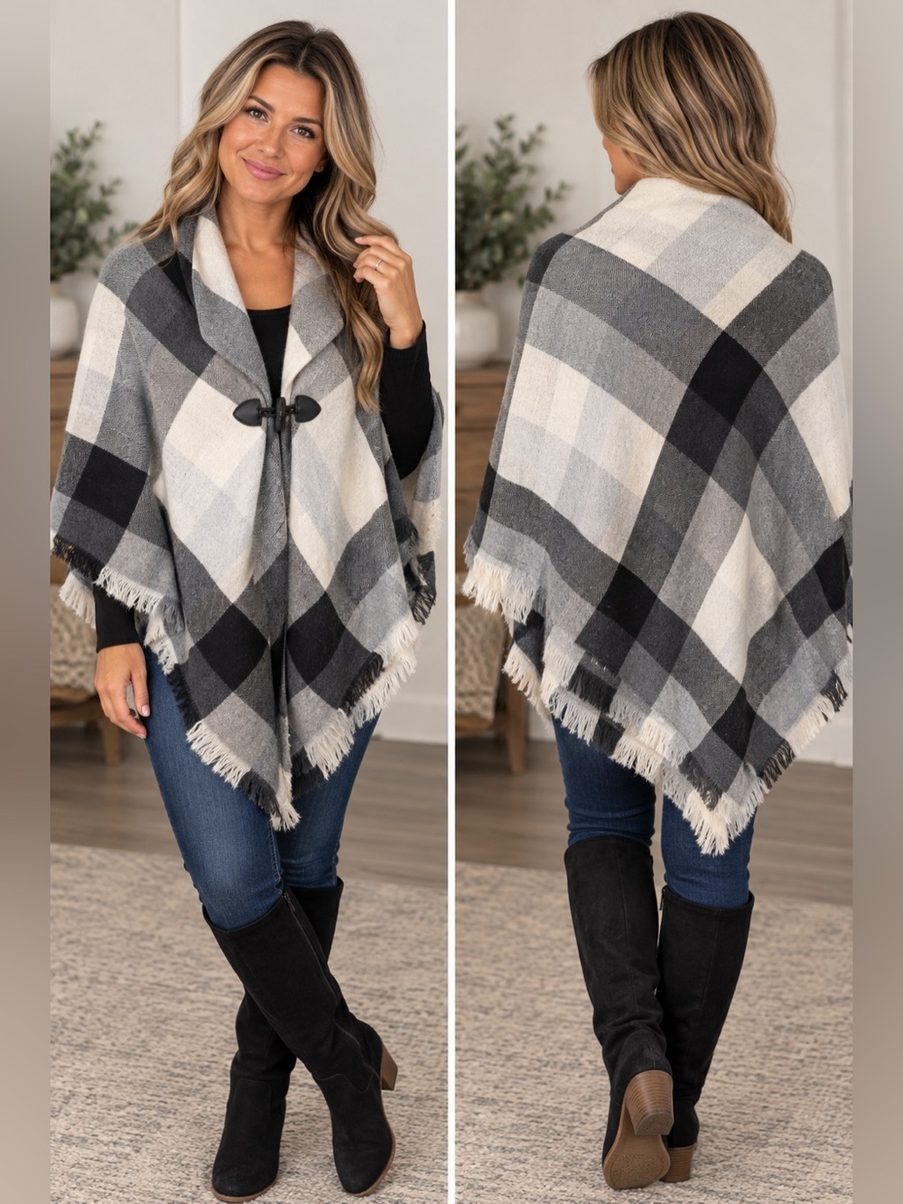 Black & Gray Plaid Shawl Poncho with Toggle Closure L/XL